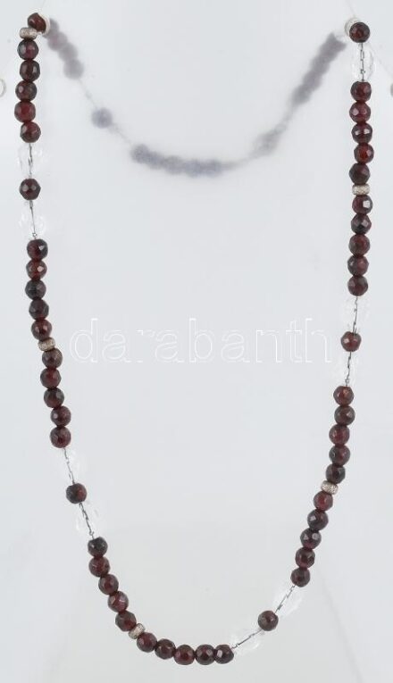 Gránátkő és hegyikristály nyaklánc, jelzett ezüst (Ag) szerelékkel, tanúsítvánnyal, eredeti dobozában