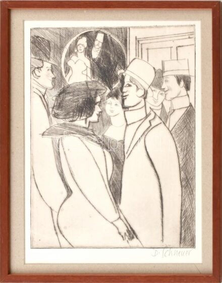 Schneuer, David (1905-1988): Müncheni éjszakai élet a 20-as években. Hidegtű, papír, jelzett. 25x20 cm. Üvegezett fakeretben. / Schneuer, David (1905-1988): Night life in Munich in the Roaring Twenties. Drypoint on paper, signed. 25x20 cm.