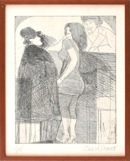 Schneuer, David (1905-1988): Müncheni éjszakai élet a 20-as években. Hidegtű, papír, jelzett. 25x20 cm. Üvegezett fakeretben. / Schneuer, David (1905-1988): Night life in Munich in the Roaring Twenties. Drypoint on paper, signed. 25x20 cm.