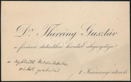 Thirring Gusztáv a fővárosi staisztikai hivatal aligazgatójának autográf sorai névjegykártyáján