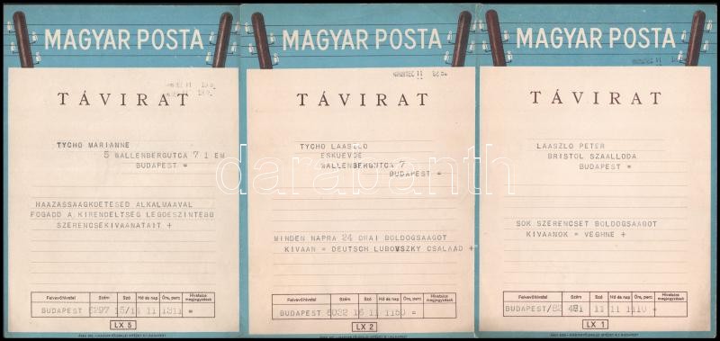 cca 1948 6 db Magyar Posta dísztávirat, Tycho Mariann és László Péter esküvője alkalmából küldve