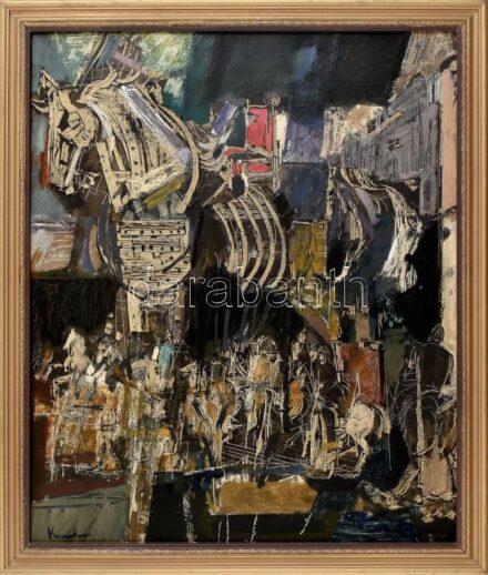 Kondor jelzéssel: Lovasok. Vegyes technika, farost. Fakeretben. 58x48 cm.