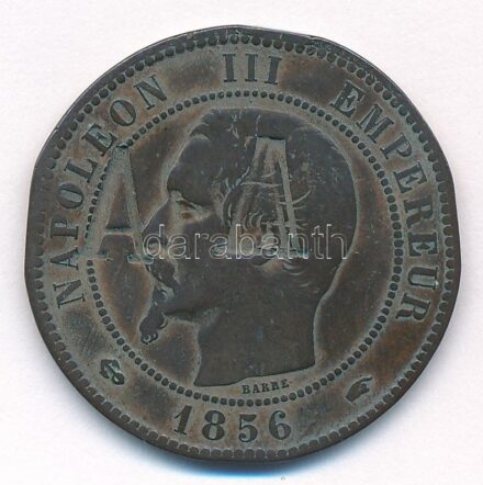 Franciaország 1856A 10c Br 'III. Napóleon' portréoldalon 'A' beütéssel (Annulé? - érvénytelen?) T:3 France 1856A 10 Centimes Br 'Napoleon III' with 'A' mark (Annulé? - cancellated?) C:F Krause KM#771