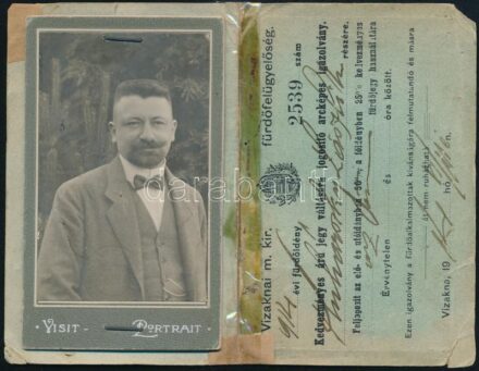 1914 Vízakna, Vízaknai M. kir. Fürdőfelügyelőség fényképes igazolványa, celluxszal ragasztott