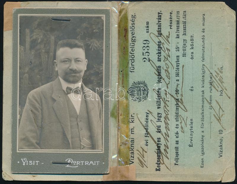 1914 Vízakna, Vízaknai M. kir. Fürdőfelügyelőség fényképes igazolványa, celluxszal ragasztott