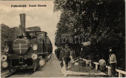 Félixfürdő, Baile Felix; vasútállomás, gőzmozdony, vonat, vasutasok / railway station, locomotive, train, railwaymen (fa)