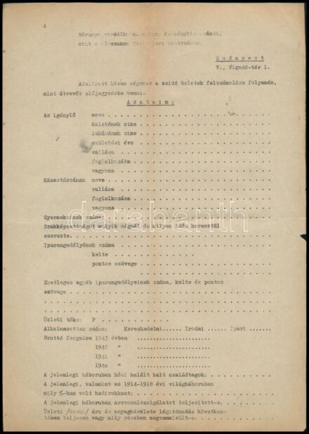 1944 Bp., Bőranyaggazdálkodás m. kir. kormánybiztosának címzett kitöltetlen űrlap