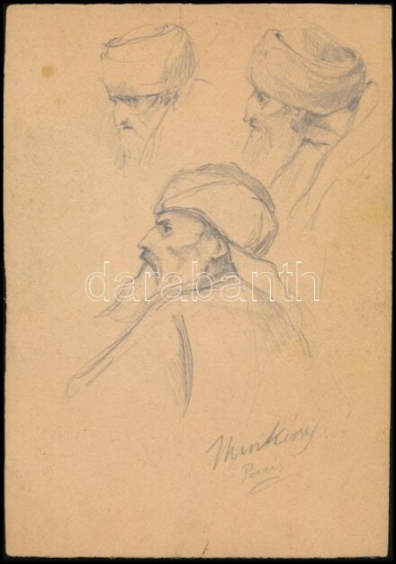 Munkácsy Paris jelzéssel: Három alak. Ceruza, karton, kissé sérült és foltos. 29,5x21 cm