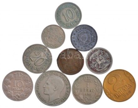 Jugoszlávia 1938. 2D Al-Br + 10D Ni 'II. Péter' + 1945. 1D Zn + Szerb-Horvát-Szlovén Királyság 1925. 50p-2D Cu-Ni 'I. Sándor' (3xklf) + Szerbia 1884. 10p Cu-Ni + 1904. 2p Br + 1912. 10p Cu-Ni + 20p Cu-Ni T:2-3 Yugoslavia 1938. 2 Dinara + 10