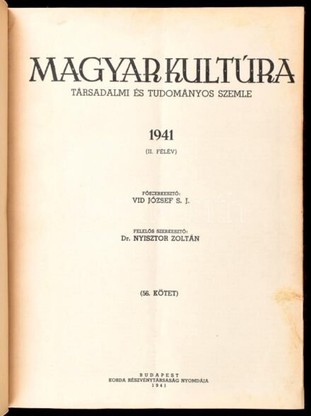 1941 Magyar Kultúra. Fél évfolyam. 13-24. sz. Félvászon-kötésben.