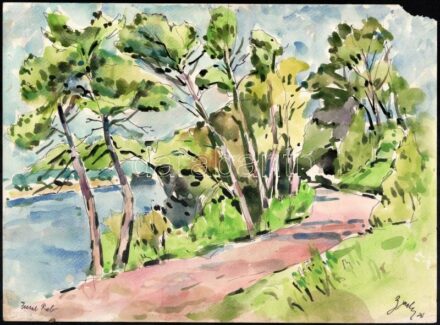 Olvashatatlan jelzéssel: Vízparti táj. Akvarell, papír. Sérült. 28x38 cm