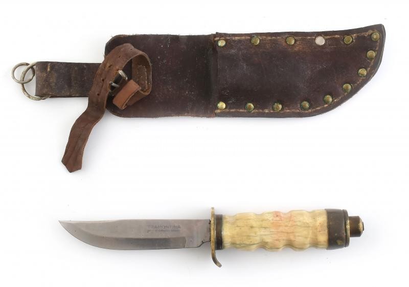 Tramontina vadászkés, jelzett, parafa nyéllel, bőr tokban, h:26cm