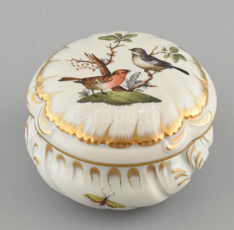 Herendi Rothschild mintás bonbonier. Kézzel festett, jelzett, kisebb kopásnyomokkal, d: 12 cm