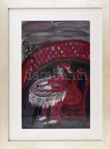 Jelzés nélkül: Hölgy az asztalnál. Vegyes technika, papír. Dekoratív, kissé kopott üvegezett fakeretben. 54x34 cm