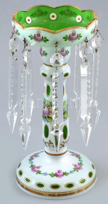 Bieder stílusú gyertyatartó, überfangglas, kézzel festett, kopásnyomokkal, m: 26cm