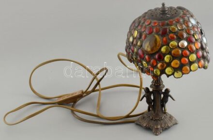 Asztali lámpa, üvegmozaikos búrával, kopott, működik, E14es égővel, m:25cm