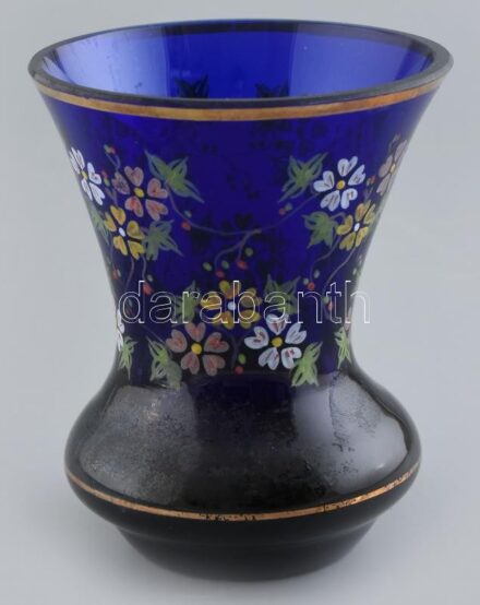 Parádi kék váza, zománc festett, kopott, jelzés nélkül, m:12,5cm