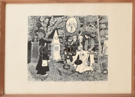 Berki Viola (1932-2001): Hódolat az ősöknek. Szitanyomat, papír, jelzett, számozott (100/87), üvegezett fakeretben, 30×32 cm