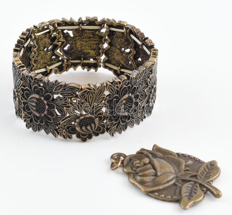 Réz karkötő + rózsás medál, 4,5x3,5 cm