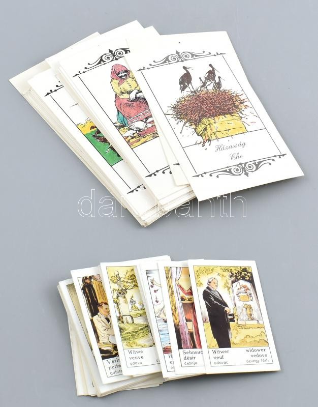 Régi cigánykártyák, jóskártyák modern reprintje, 2 pakli (42+34 lap), 13,5x8 cm és 7,5x4,5 cm