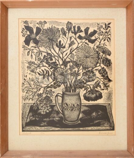 Bordás Ferenc (1911-1982): Virágok. Fametszet, papír, jelzett, számozott (85/100). Üvegezett, kopott fakeretben, 40×33 cm