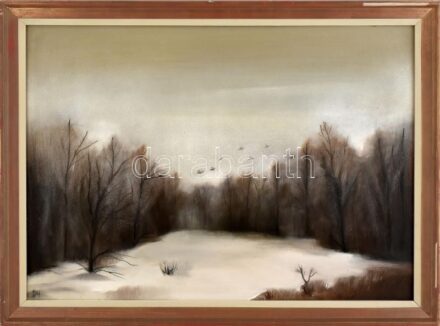Zöld Anikó (1942-): Téli táj. Olaj, farost, jelzett. Dekoratív, sérült keretben. 50x70 cm