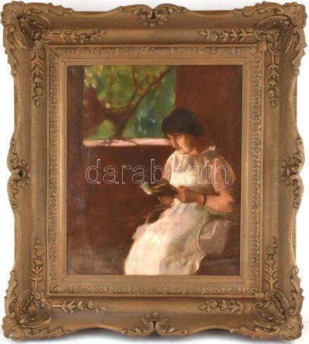 Szüle Péter (1886-1944): Olvasó hölgy portréja. Olaj, vászon, jelzett. Restaurált. Dekoratív fakeretben, 60×50 cm.