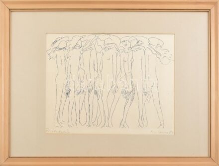 Melocco Miklós (1935-): Próbababák. Szitanyomat, papír, jelzett, üvegezett fakeretben, 27,5×39 cm