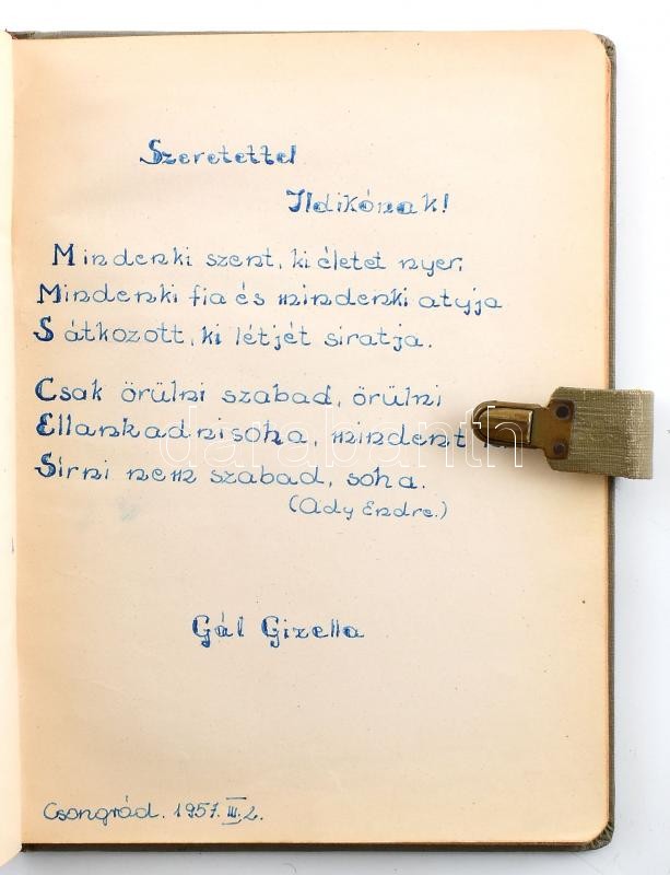 1956-1957 Emlékkönyv kézzel írt bejegyzésekkel, vászonborítású csatos füzetben - Image 2