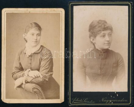 cca 1880-1900 Fiatal hölgyek portréi, 2 db keményhátú műtermi fotó (Fekete Sándor Nagyvárad, A. D. Reiser Bukarest), vizitkártya, 10x6,5 cm