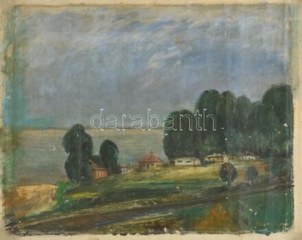 Király jelzéssel: Vízparti táj. Olaj, vászon. Feltekerve, sérült. 51x62 cm