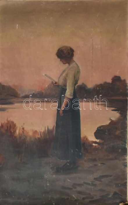 Jelzés nélkül: Olvasó hölgy a vízparton. Olaj, vászon. Feltekerve, sérült. 63,5x99 cm