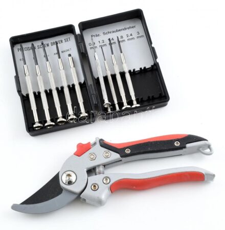 Metszőolló, h: 20 cm + műszerész csavarhúzó-készlet, 10 db-os, dobozában