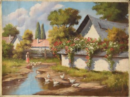 Hercegfalvy jelzéssel: Libapásztorlány. Olaj, vászon. Feltekerve. 64,5x84 cm