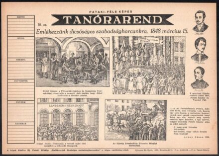 cca 1930 Pataki-féle képes tanrend, Emlékezzünk dicsőséges szabadságharcunkra, kétoldalas látványos grafikákkal, kitöltetlen, szép állapotban