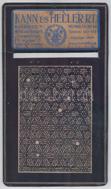 cca 1936 Kann és Heller Rt. műszaki cikk gyár, Budapest Vilmos császár út naptártartó karton, reklám attrap, szép állapotban