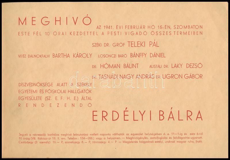 1941 Meghívó a Székely Egyetemi Hallgatók Egyesülete által rendezendő Erdélyi bálra, jó állapotban, 23p - Image 2