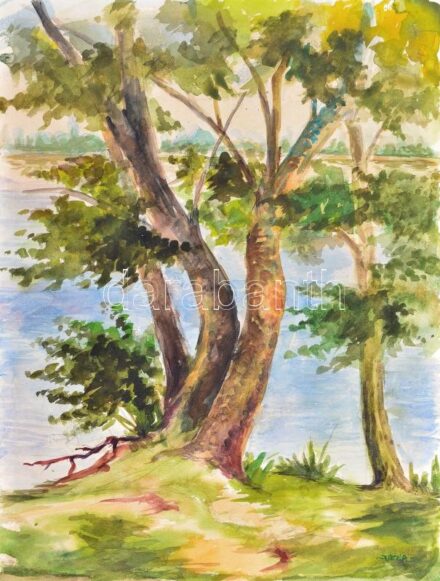 Veér jelzéssel: Vízparti táj. Akvarell, ceruza, papír, 42×32 cm