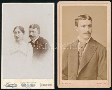 cca 1890-1900 Fiatalember és házaspár portréja, 2 db keményhátú műtermi fotó (Franz Mándy Bukarest, Dunky Fivérek Kolozsvár), vizitkártya, 10,5x6,5 cm