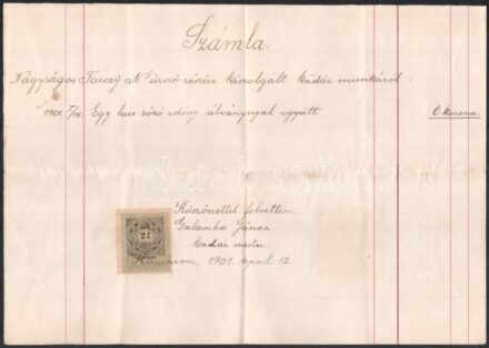 1901 Galambos János komáromi (Felvidék) kádár mester számlája 2f okmánybélyeggel