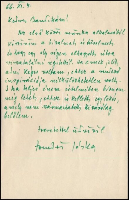 1966 Szendrő József (1914-1971) színész, rendező, színházigazgató saját kézzel írt és aláírt levele Marton Endrének, amelyben megköszöni azt a segítséget és inspirációt, mely segítségével visszatalált a rég elhagyott útra