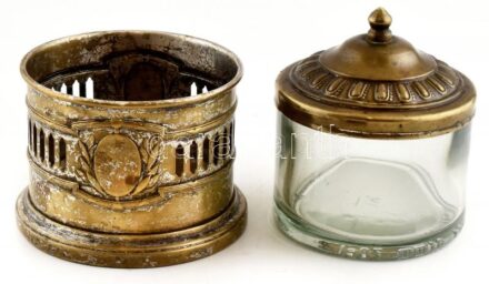 Kayser német cukortartó, alpakka, üvegbetéttel, kopott, jelzett, m:13cm