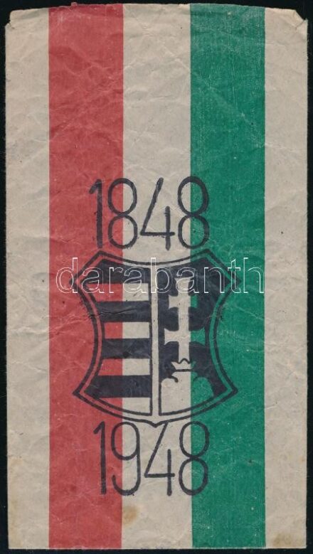 1848-1948 feliratú nemzeti színű papírzacskó, Kossuth-címerrel, 17×9 cm