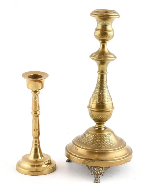 2 db különböző réz gyertyatartó, m: 28 cm, 17 cm