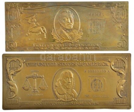 Amerikai Egyesült Államok DN '1998. 50$ + 100$' sárgaréz bankjegy veretek (2xklf) (60x150mm + 68x157mm) T:1- patina USA ND '1998. 50 Dollars + 100 Dollars' brass banknotes (2xdiff) (60x150mm + 68x157mm) C:AU patina