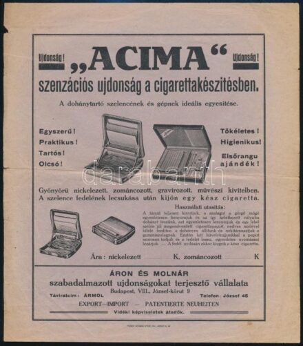 'Acima' dohánytartó szelence és gép reklámlap