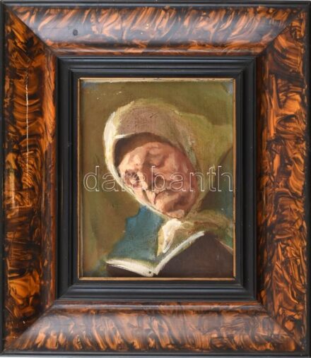 Daday Gerő (1890-1979): Olvasó idős asszony. Olaj, karton, jelzett. Fa keretben, látható méret: 15x11,5 cm, külső méret: 26,5x23 cm