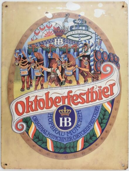Cca. 1970 HB, Oktoberfestbier, német, fém reklámtábla, kopásnyomokkal, apró korrózióval, 39x29cm