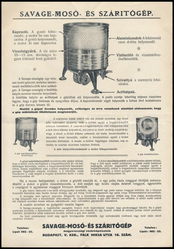cca 1930 Használati utasítás Savage-mosó és szárítógéphez