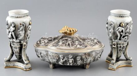 Portugál Pereiras Valado porcelán virágtartó 2db, és fedeles kínáló, hibátlan, jelzett, m:21-14cm